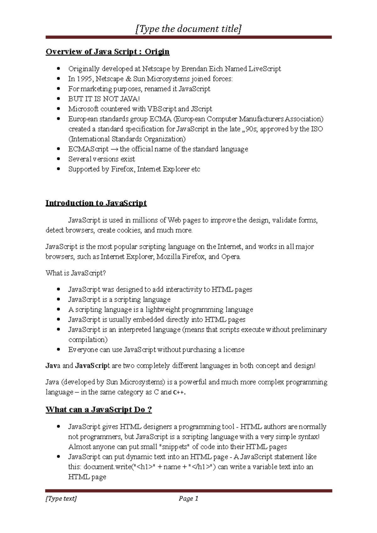 Overview of Java Script - [Type the document title] Overview of Java ...