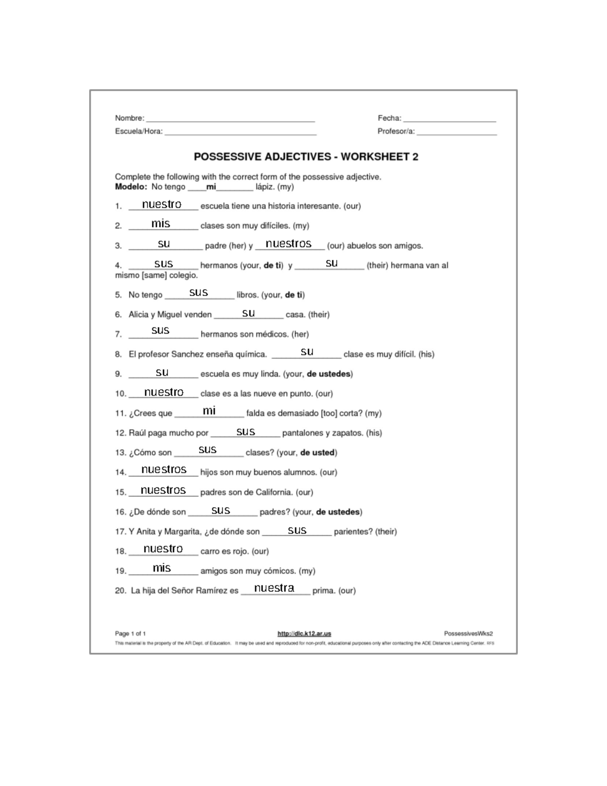 Possessive worksheet #2 - CHE 2C - Studocu