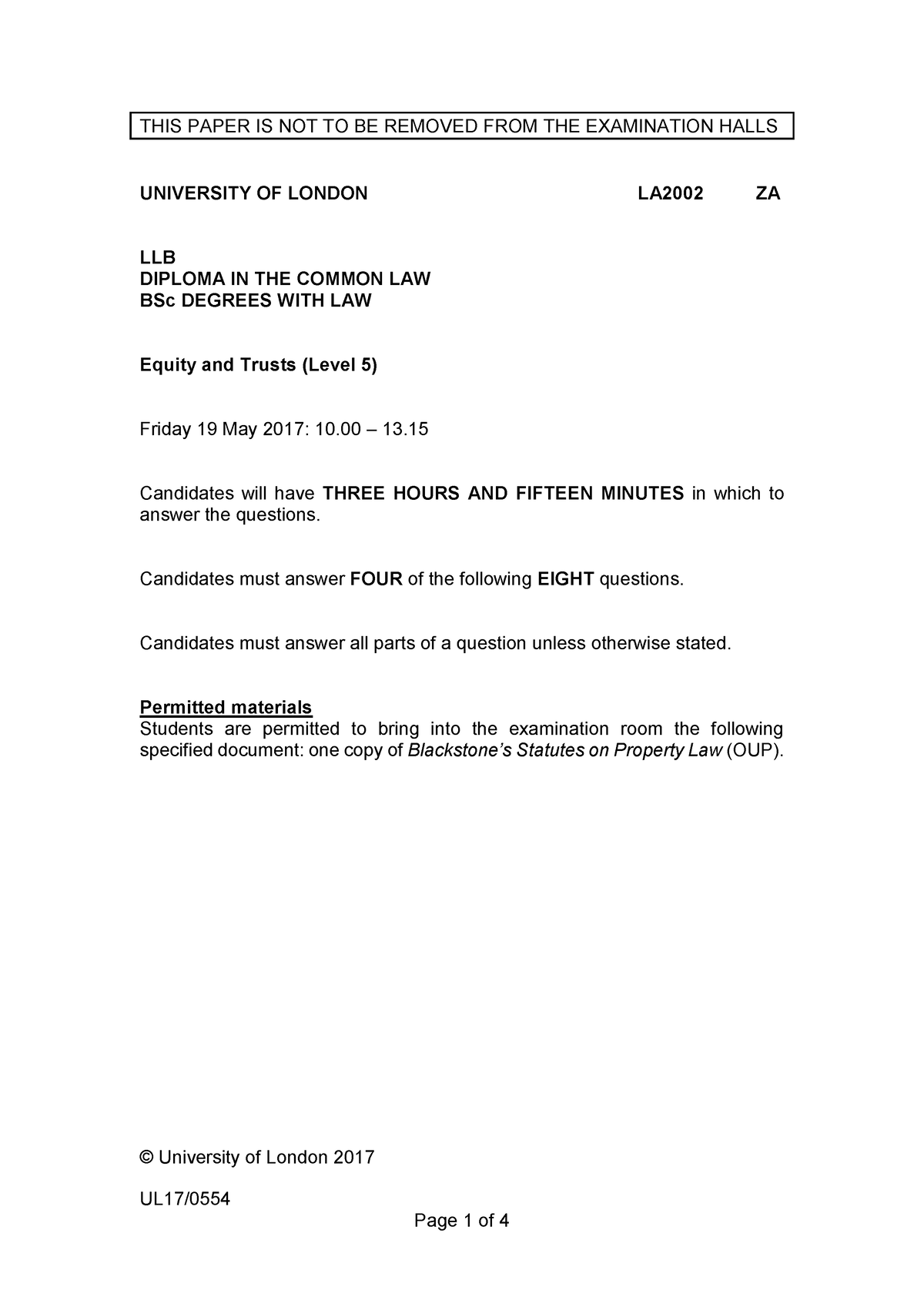 Trusts L5 exam 2017 A - Past Paper - UL17/ THIS PAPER IS NOT TO BE ...