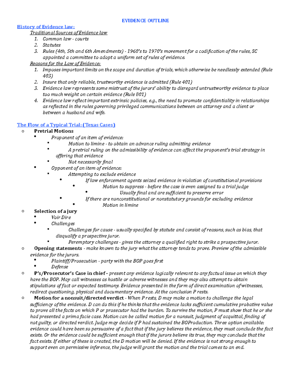 Evidence Outline - EVIDENCE OUTLINE History of Evidence law ...