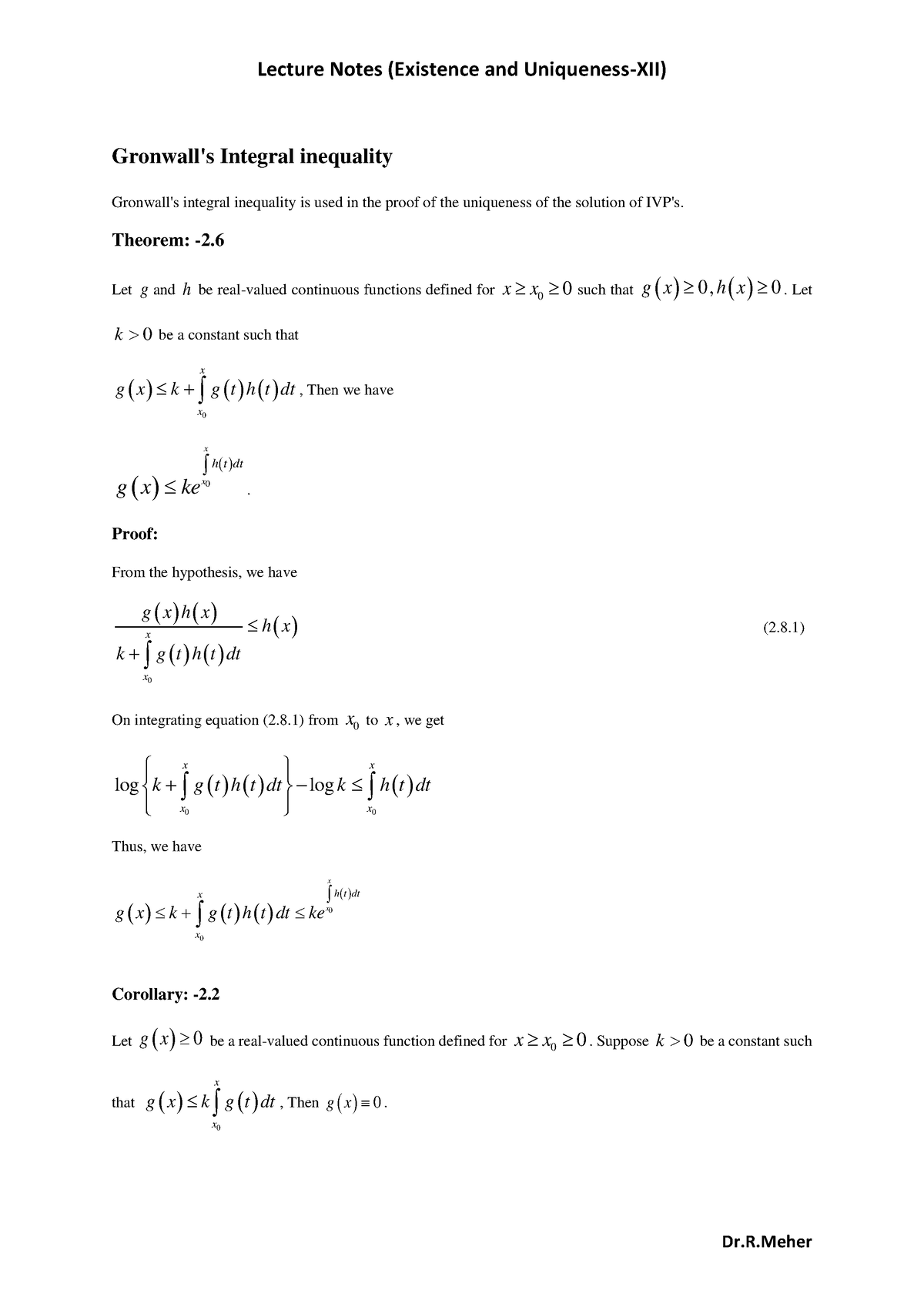 Lecture Notes on Ranga reddy book and - Gronwall's Integral inequality ...