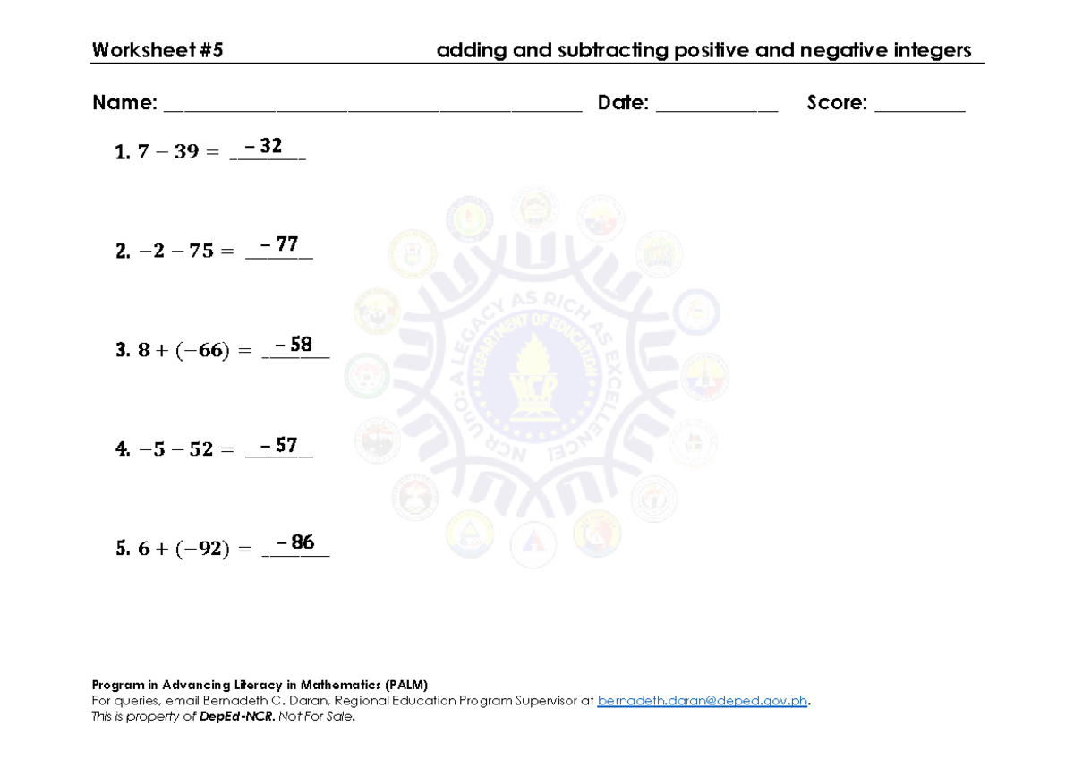 WS5 (Adding and Subtracting Positive and Negative Integers) KEY ...