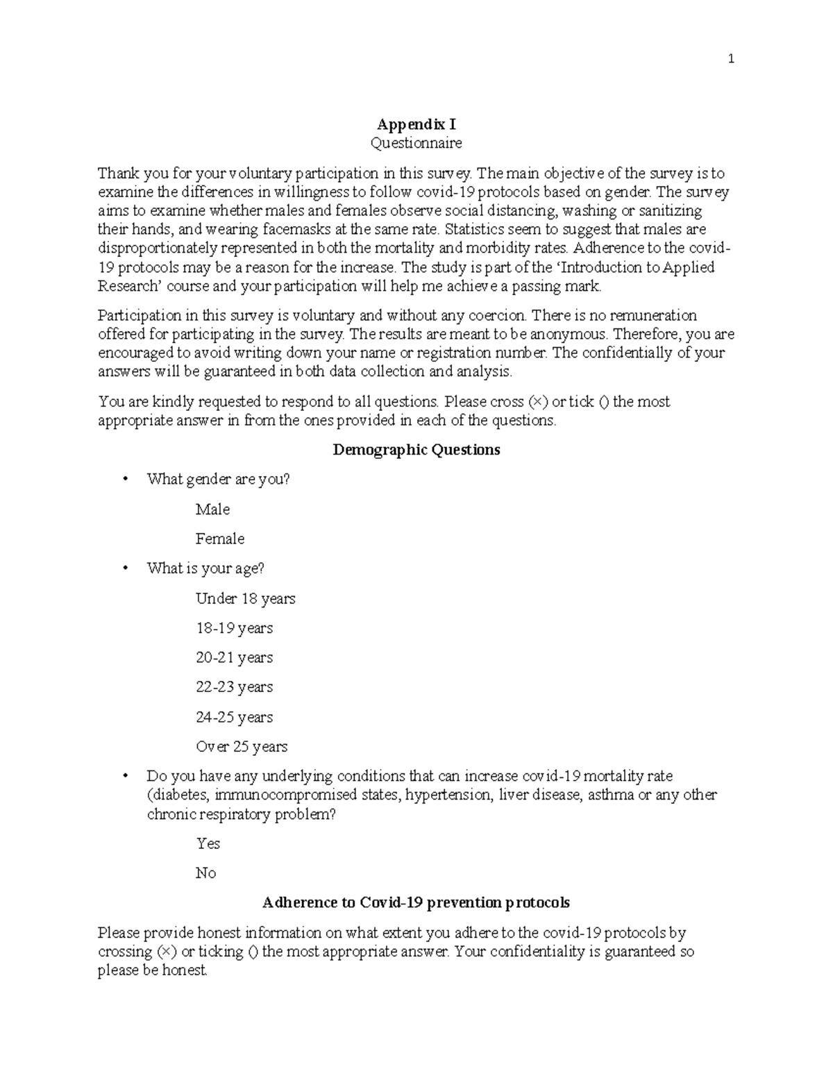 Applied Stat questionnaire - Appendix I Questionnaire Thank you for ...