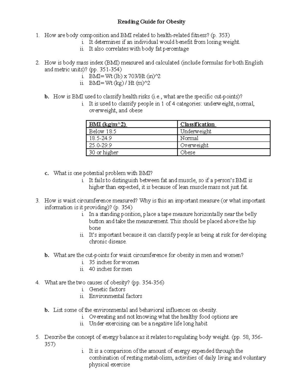 Reading Guide for Obesity - Reading Guide for Obesity How are body ...
