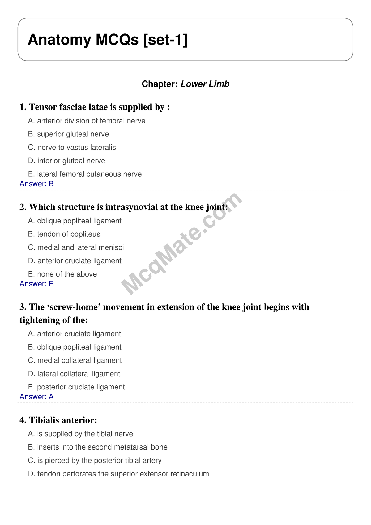 Anatomy (Chapter- Lower Limb) Solved MCQs [set-1] Mcq Mate.com ...