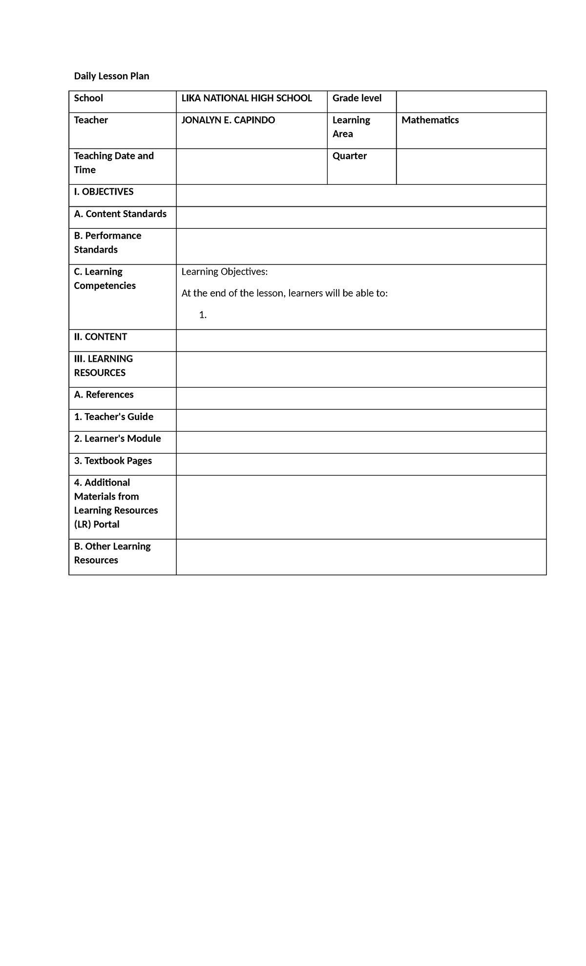 DLP TEmplate - Daily Lesson Plan School LIKA NATIONAL HIGH SCHOOL Grade ...