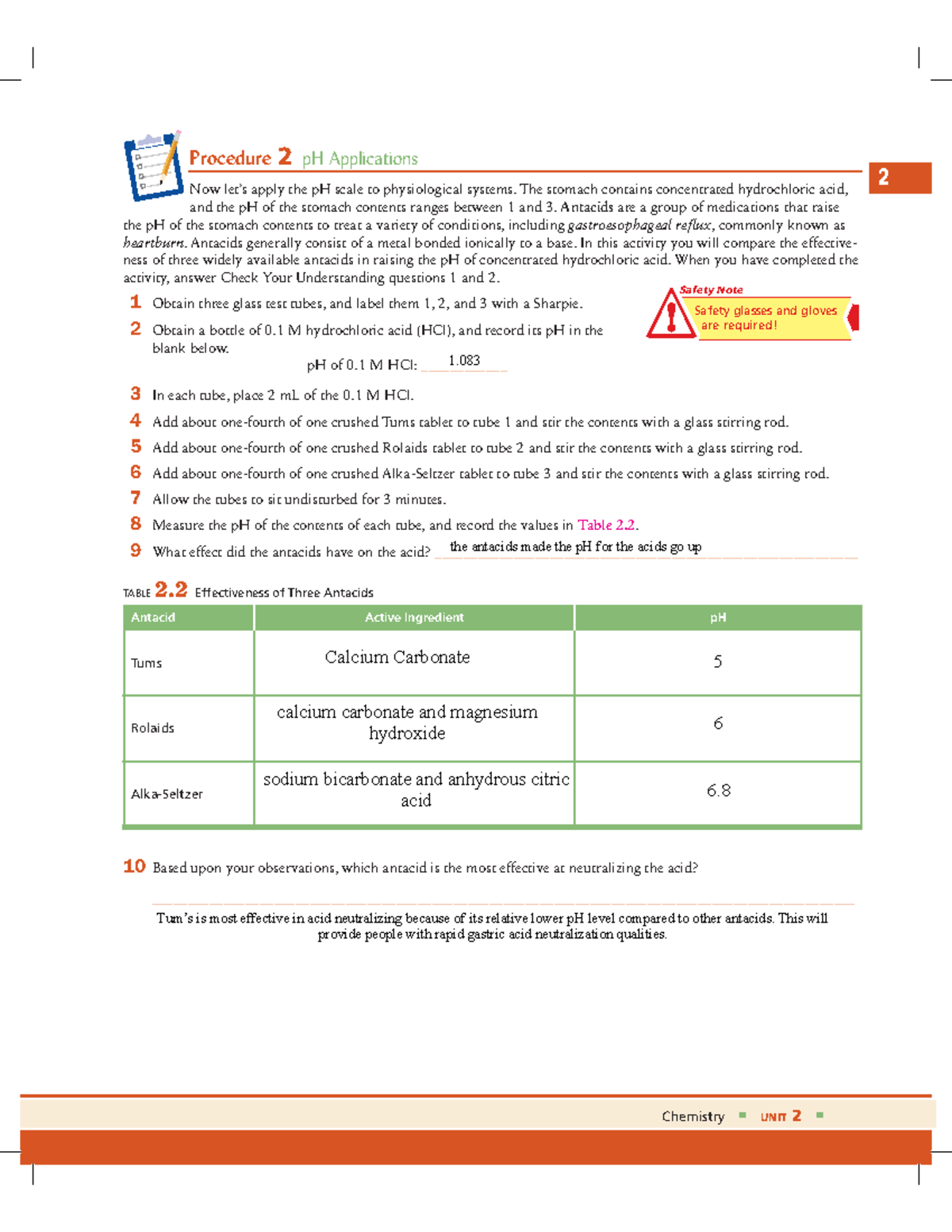 Antacids Lab work Chemistry! UNIT 2! 2 Procedure 2 pH Applications Now let’s apply the pH