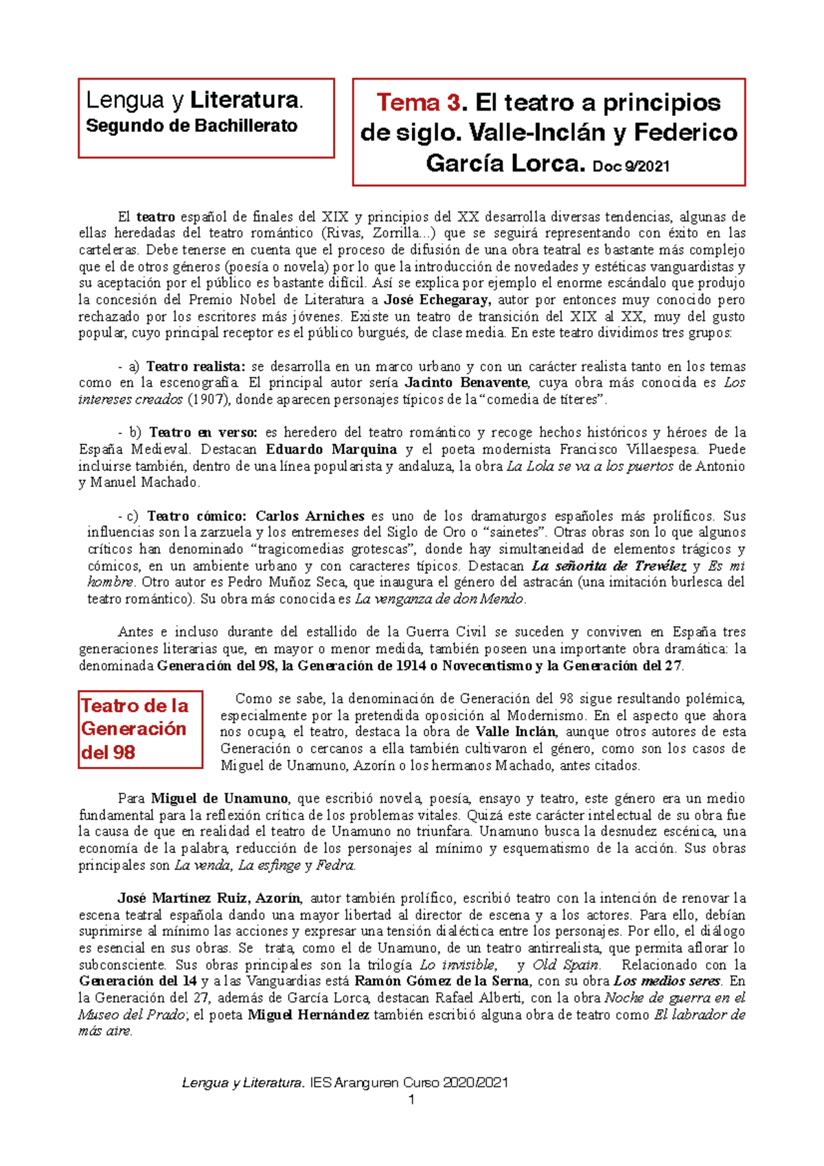 Tema 3 El Teatro A Principios De Siglo Valle Inclán Y F Gª Lorca El Teatro Español De 7851