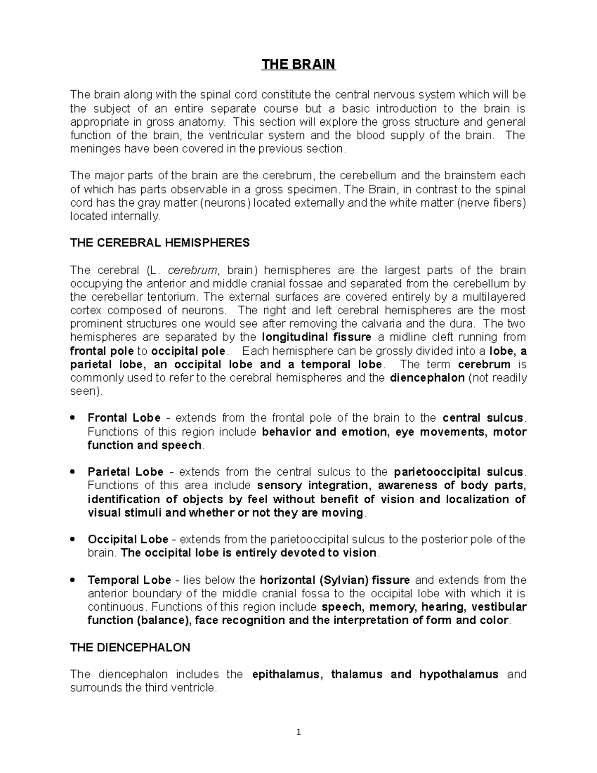 Anatomy and Physiology lecture notes -> the brain, definitions and more ...