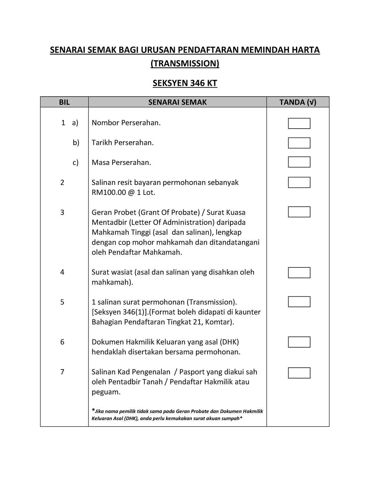 Senarai Semak BAGI Urusan Pendaftaran Memindah Harta - SENARAI SEMAK ...