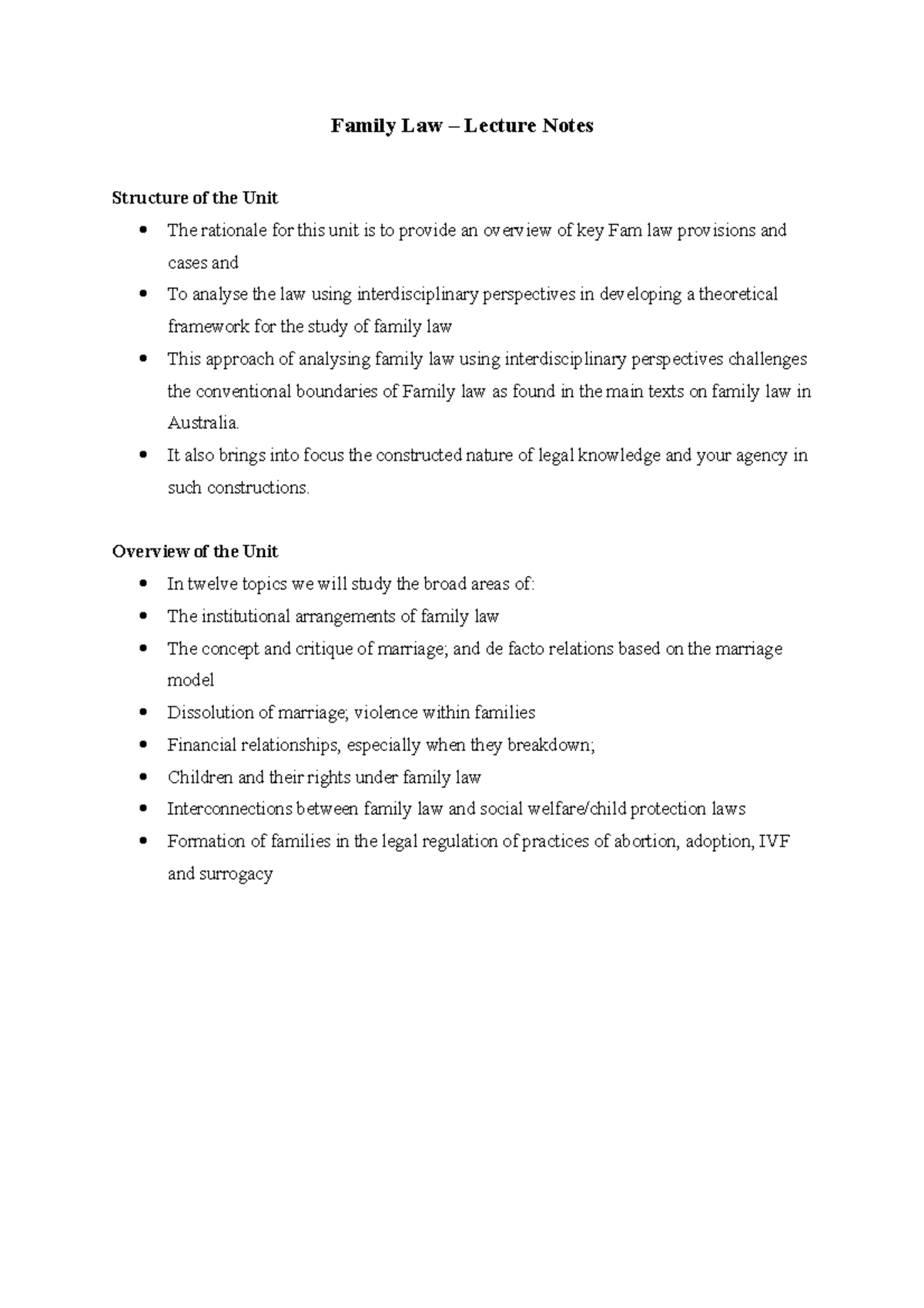 Lecture 1 - Family Law – Lecture Notes Structure of the Unit The ...