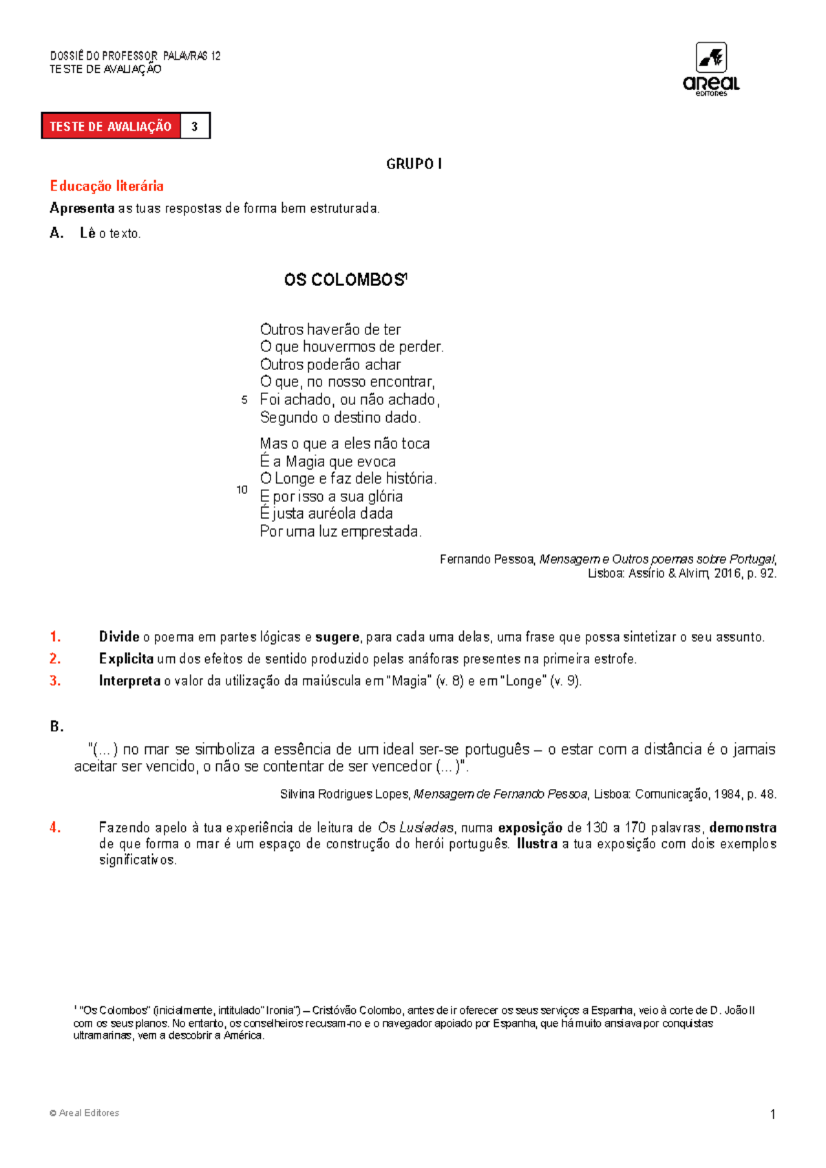 Aepal 12 teste av3 - TESTE DE AVALIAÇÃO GRUPO I Educação literária ...