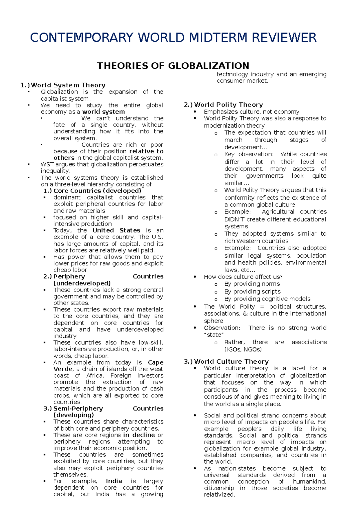 Theories Of Globalization Reviewer CONTEMPORARY WORLD MIDTERM REVIEWER THEORIES OF 