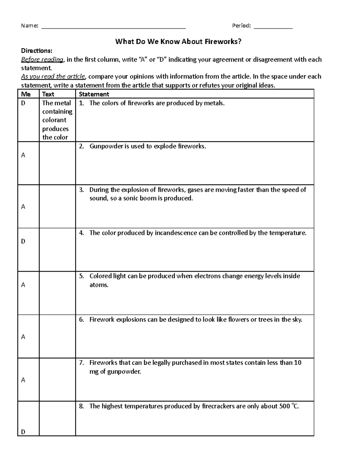 Pyrotechnics Assignment Fireworks assignment by ms. linderer - Name ...