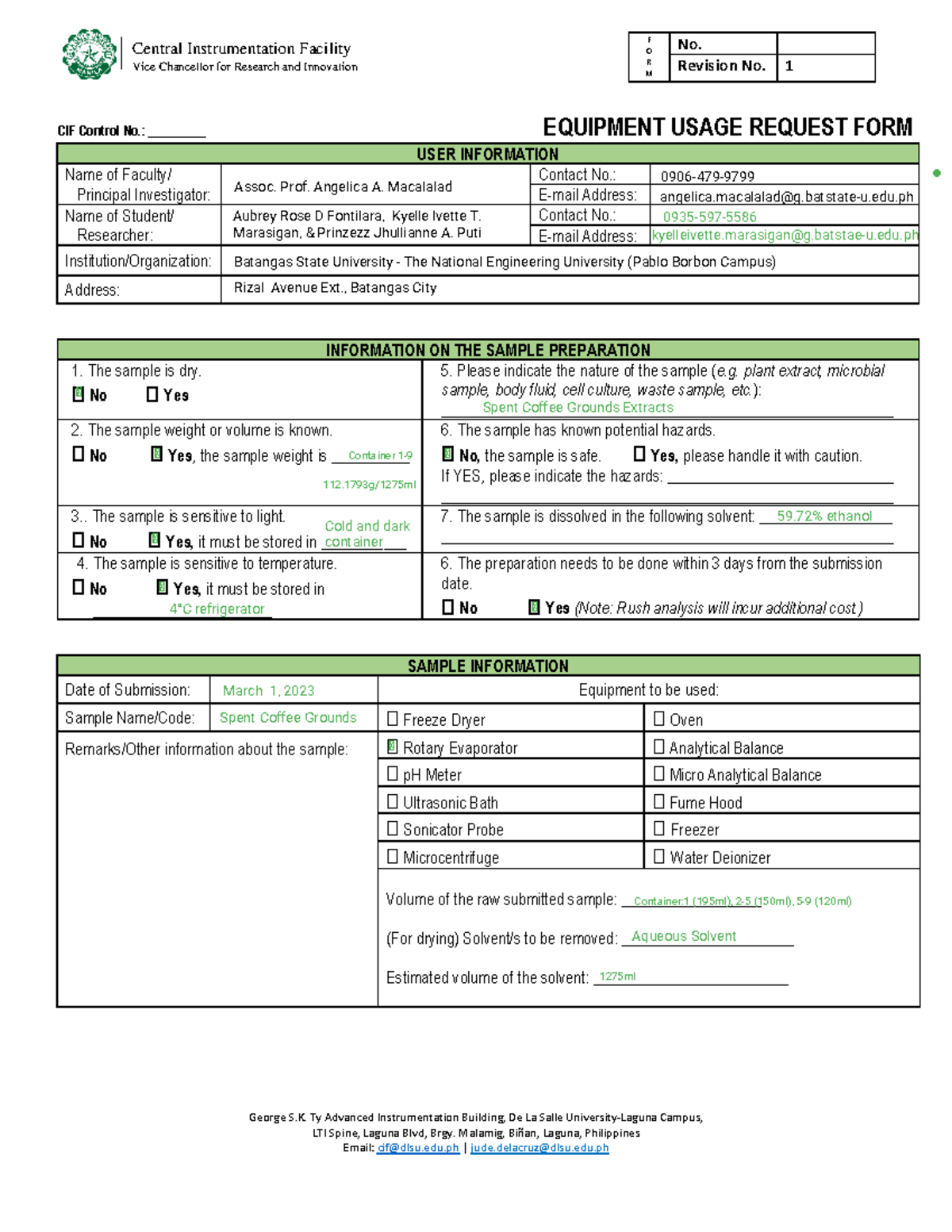 SPL F 001 Equipment Usage Request Form rev - George S. Ty Advanced ...