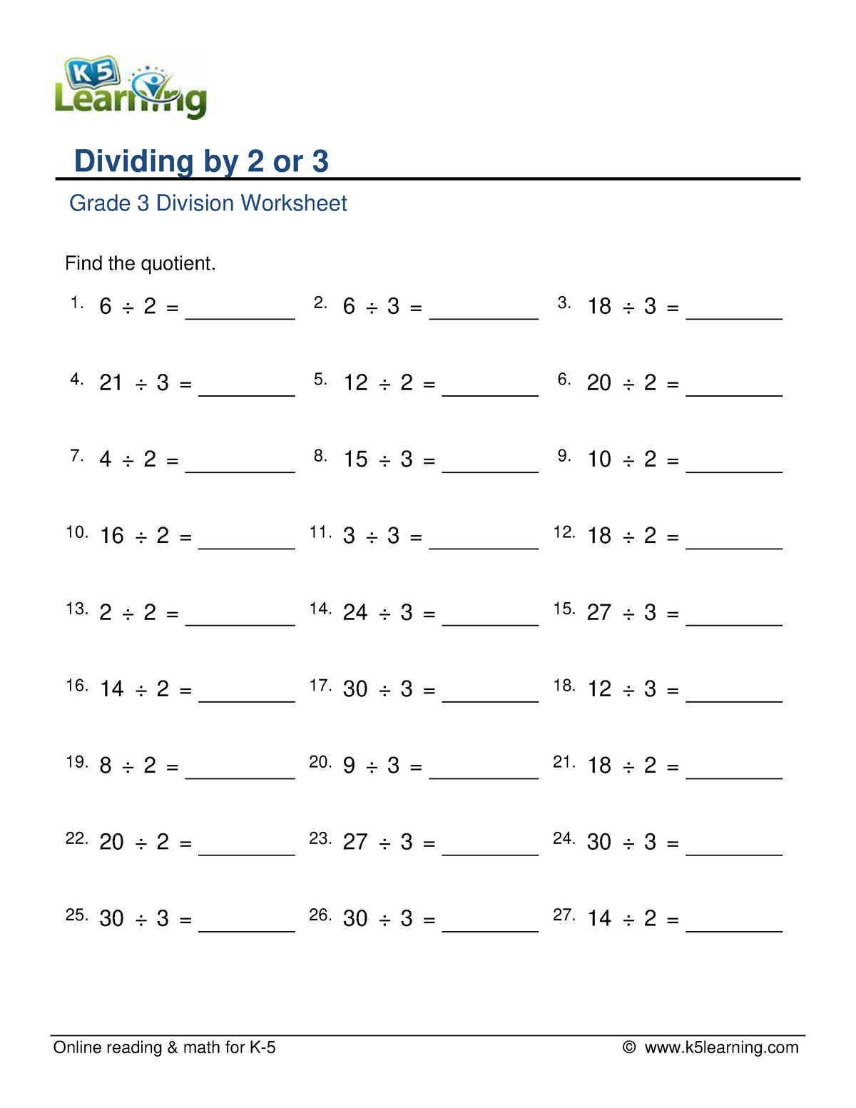 Grade 3 division facts 2 or 3 b - Online reading & math for K-5 ...