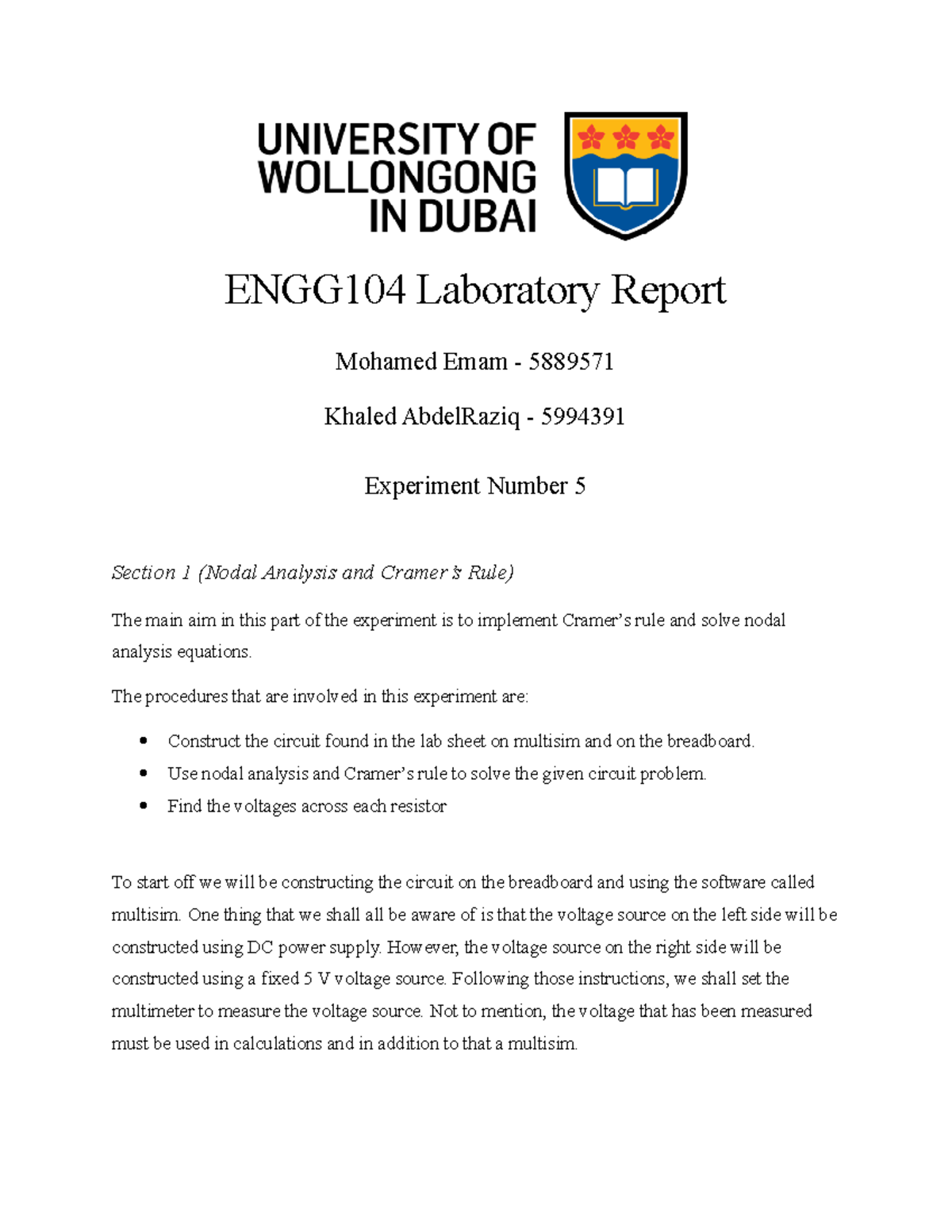ENGG104 Lab Report Experiment 5 - ENGG104 Laboratory Report Mohamed ...