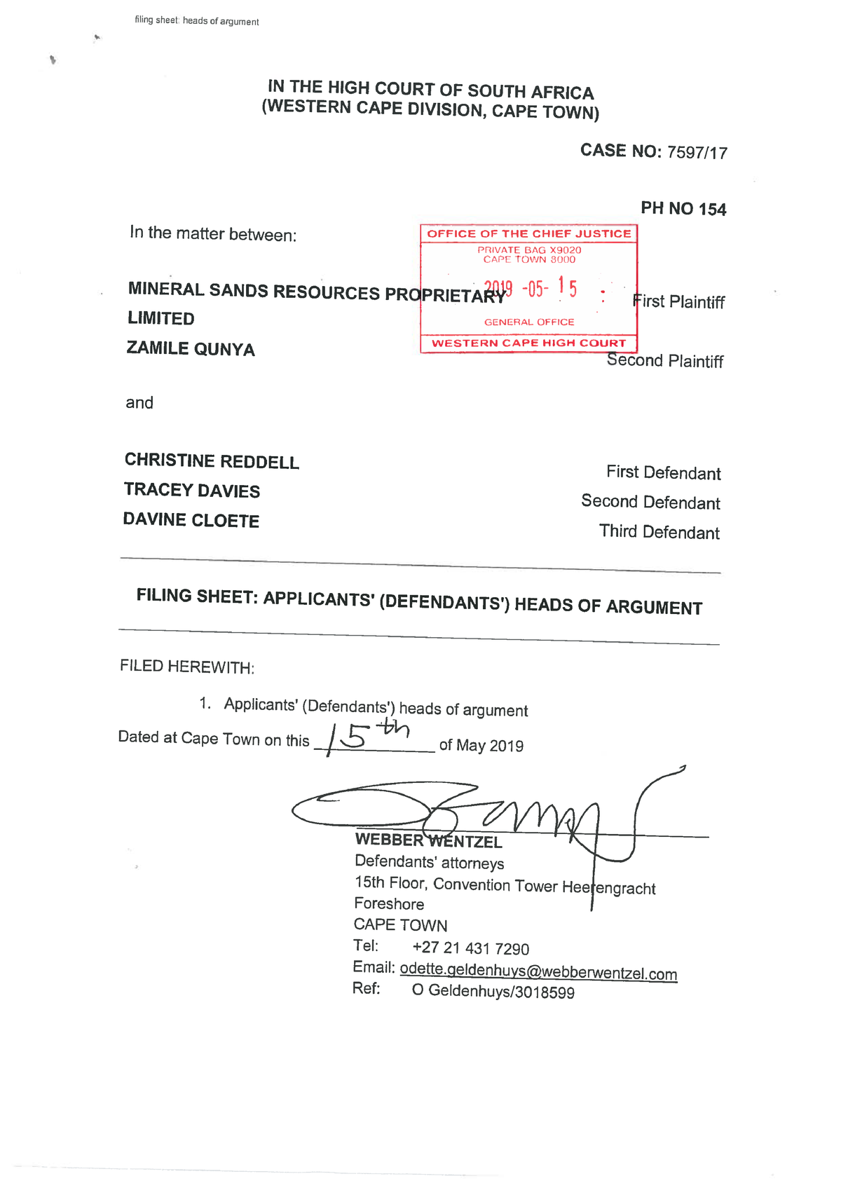 Applicants Heads of Argument interlocutory application 150519 - LRM1241 ...