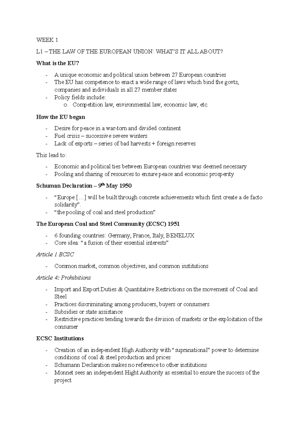 Week 1 - EU Law lecture notes - WEEK 1 L1 – THE LAW OF THE EUROPEAN ...