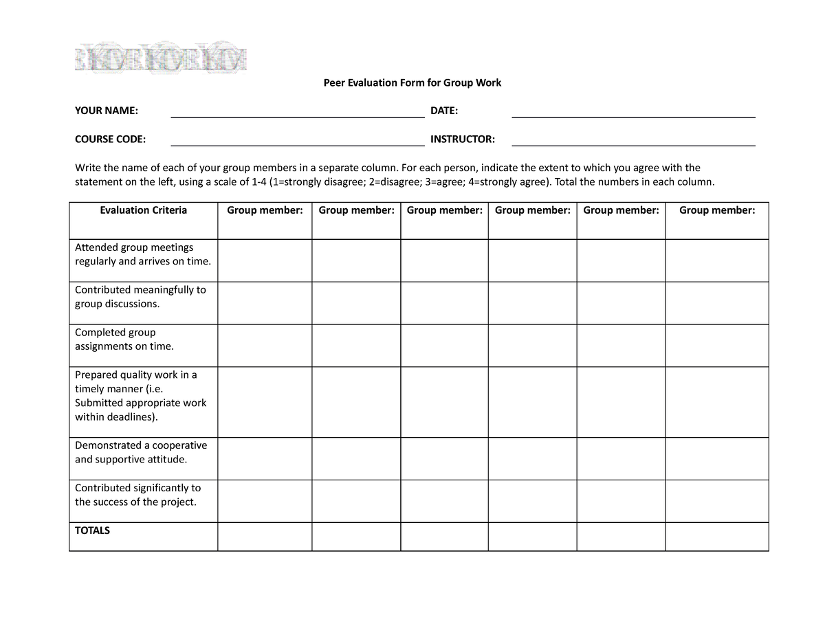 Peer Evaluation Form - Peer Evalua琀椀on Form for Group Work YOUR NAME ...