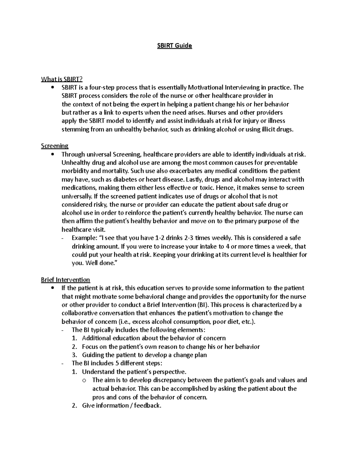 Sbirt Guide - lecture notes - SBIRT Guide What is SBIRT? SBIRT is a ...