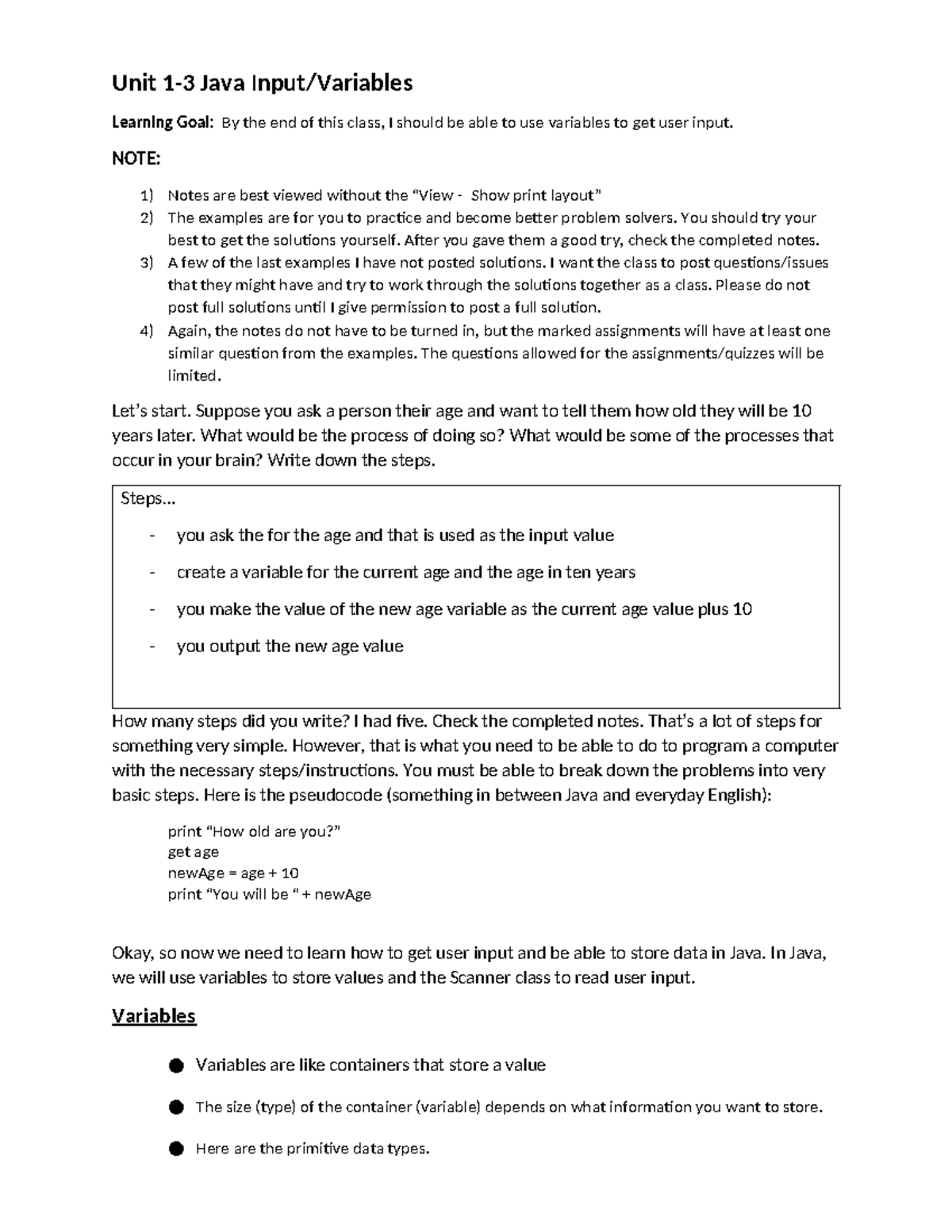 Input Notes Java - Unit 1-3 Java Input/Variables Learning Goal: By the ...