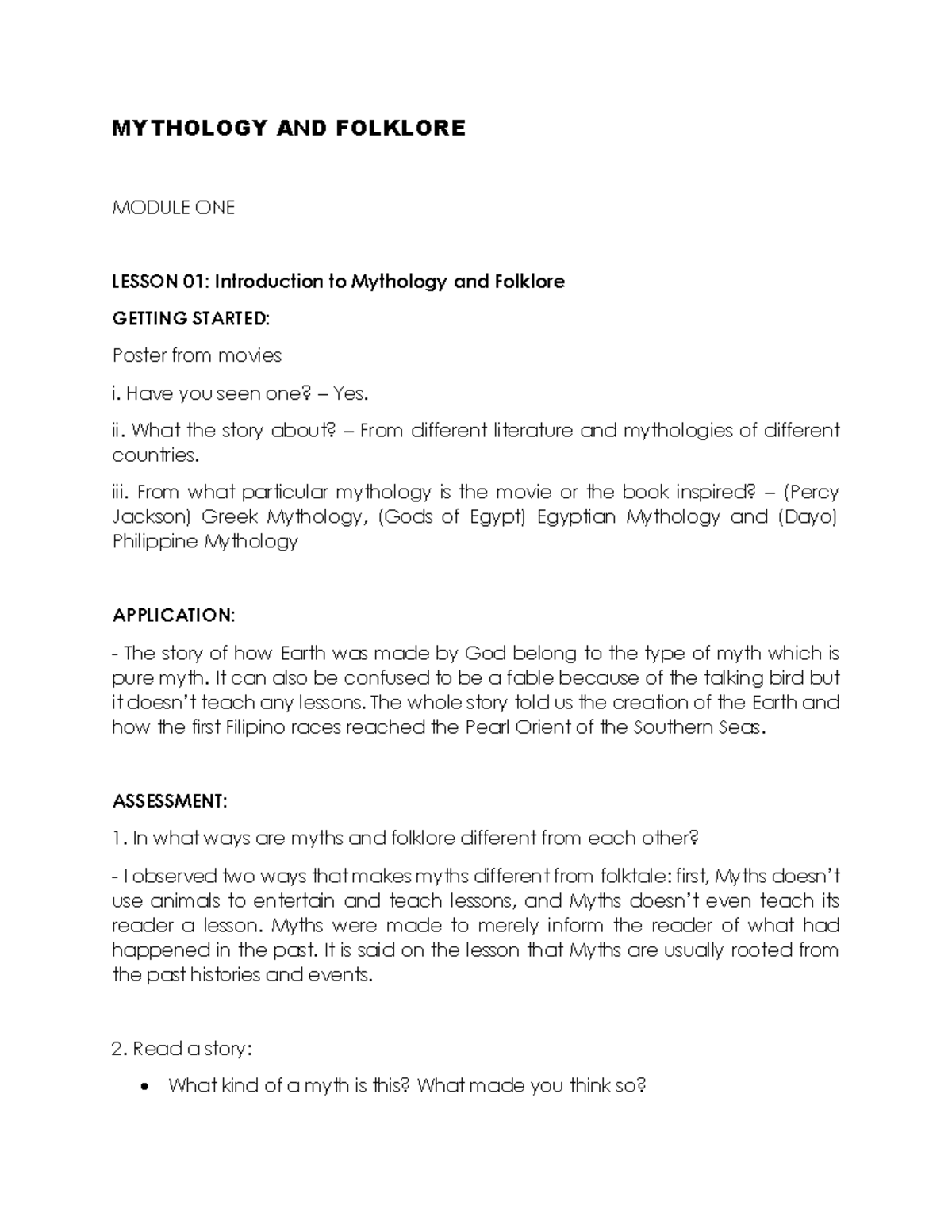 Mythology AND Folklore Module Answers - MYTHOLOGY AND FOLKLORE MODULE ...