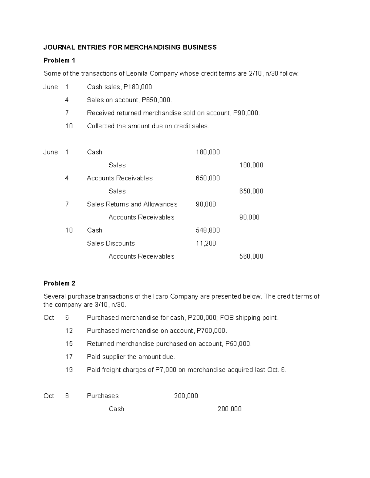 Exercise 1 Merchandising Updated - Journal Entries For Merchandising 