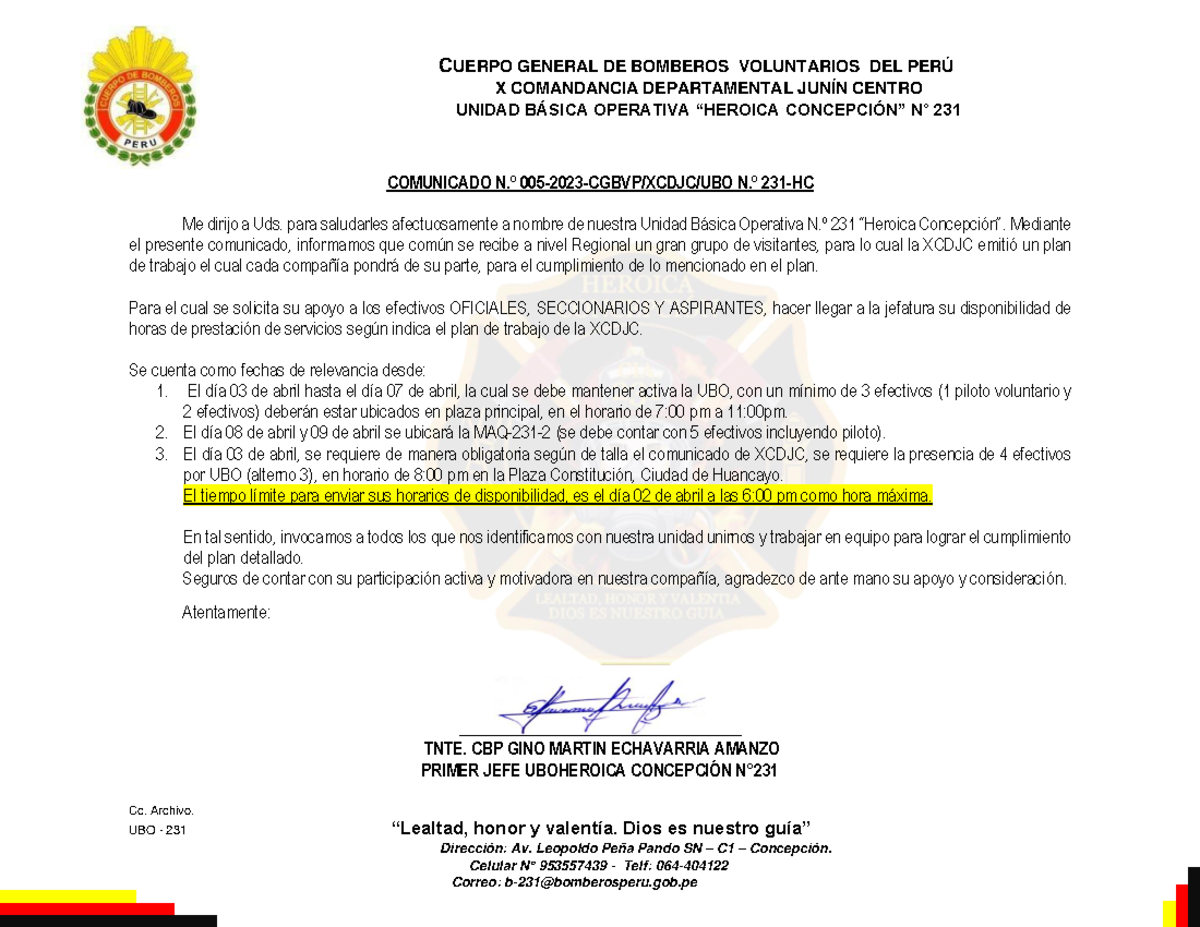 Comunicado N° 005 - 2023 - CUERPO GENERAL DE BOMBEROS VOLUNTARIOS DEL