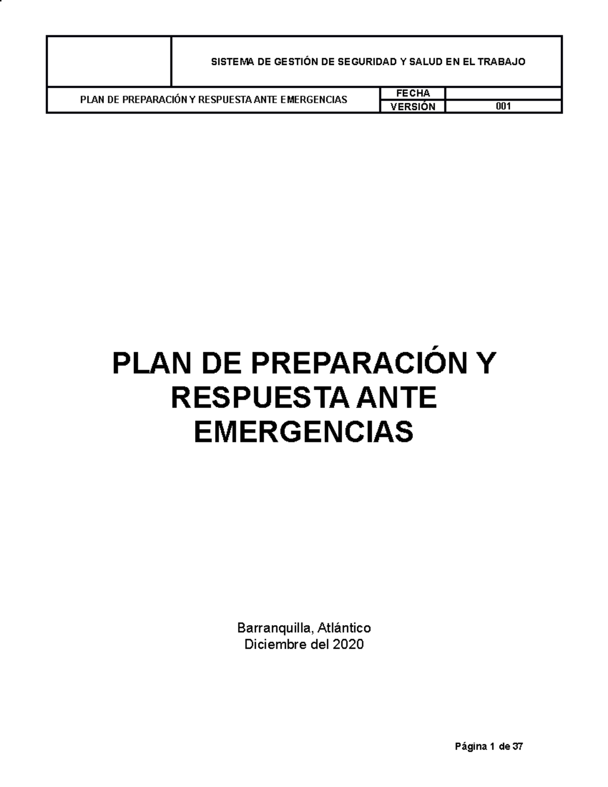 Plantilla Plan De Preparacion De Respuesta Ante Emergencias Sistema De GestiÓn De Seguridad Y 3098