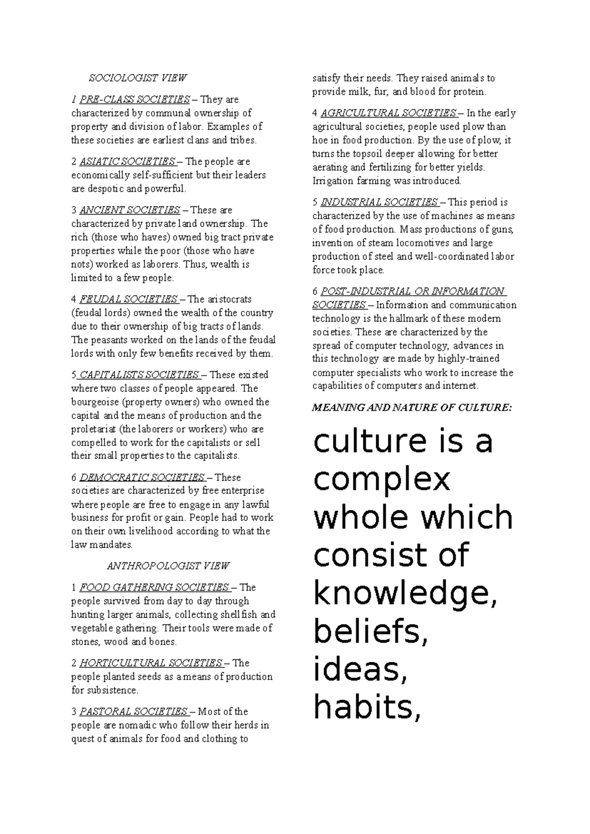 Ucsp - firdt topic - SOCIOLOGIST VIEW 1 PRE-CLASS SOCIETIES – They are ...