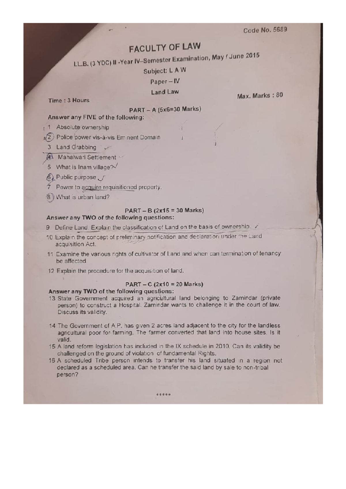 Land laws pdf-1 - land laws - Code No. 5689 FACULTY OF LAW LL. (3 YDC ...