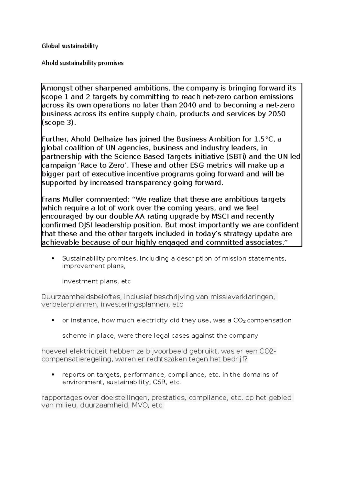 Global sustainability case assignment AHOLD Global sustainability