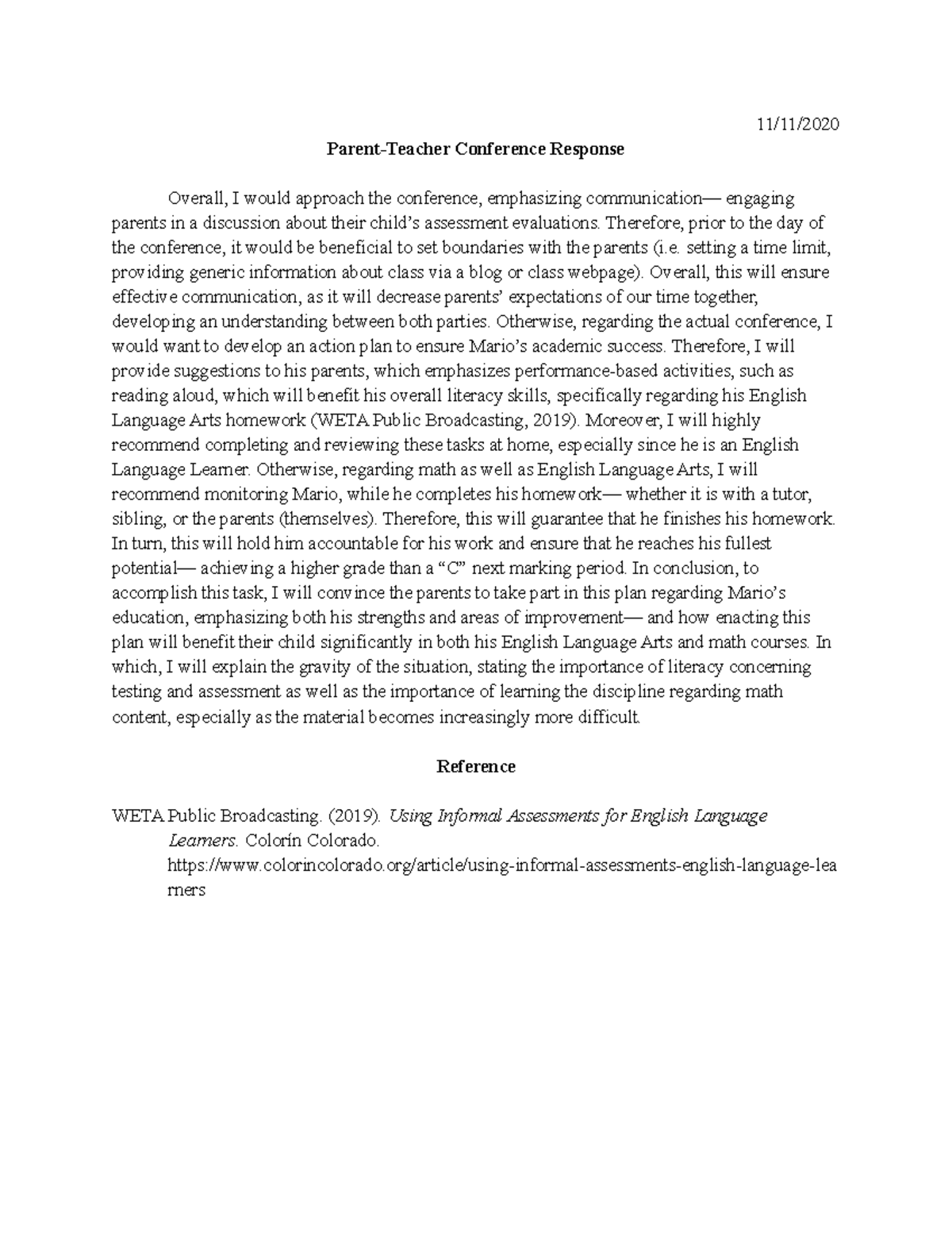 Mursion Assignment - 11/11/ Parent-Teacher Conference Response Overall ...