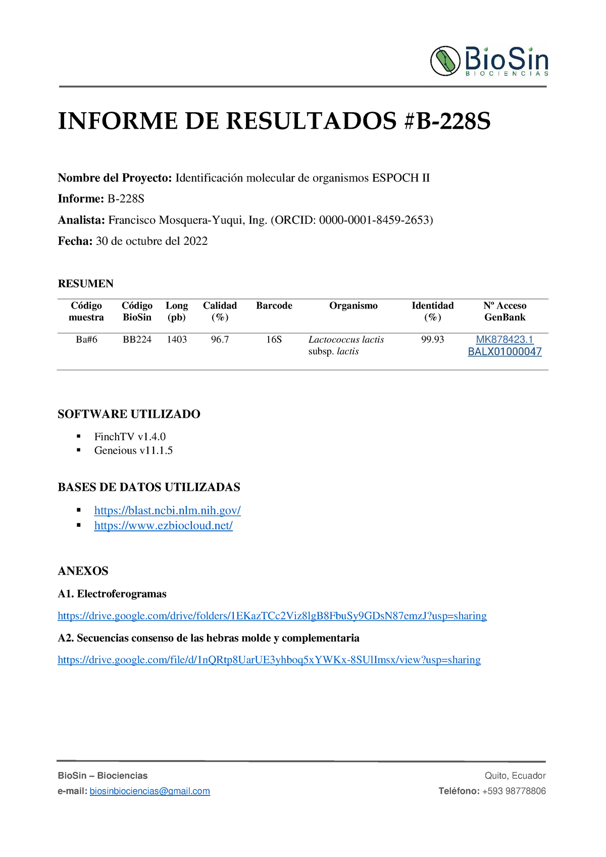 Informe B228S - RESULTADO DE BACTERIAS ÁCIDO LÁCTICAS - MICROBIOLOGIA Y ...