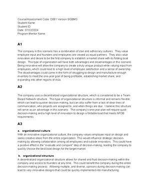 D081 Task 1 - Task 1- 1st attempt pass - Section A The company's ...