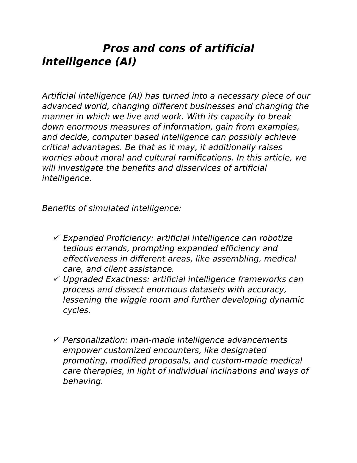 essay on artificial intelligence pros and cons