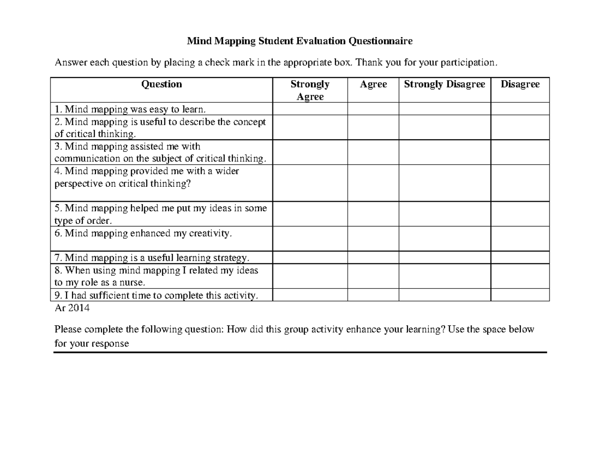 Mind Mapping Student Evaluation Questionnaire Revised 4 - Mind Mapping ...