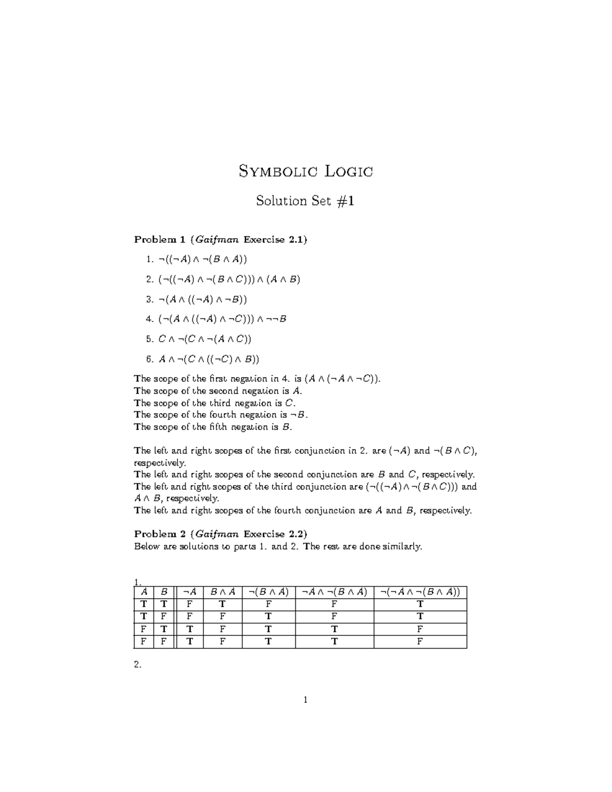 Solution Set 1 - Symbolic Logic Solution Set Problem 1 (GaifmanExercise ...