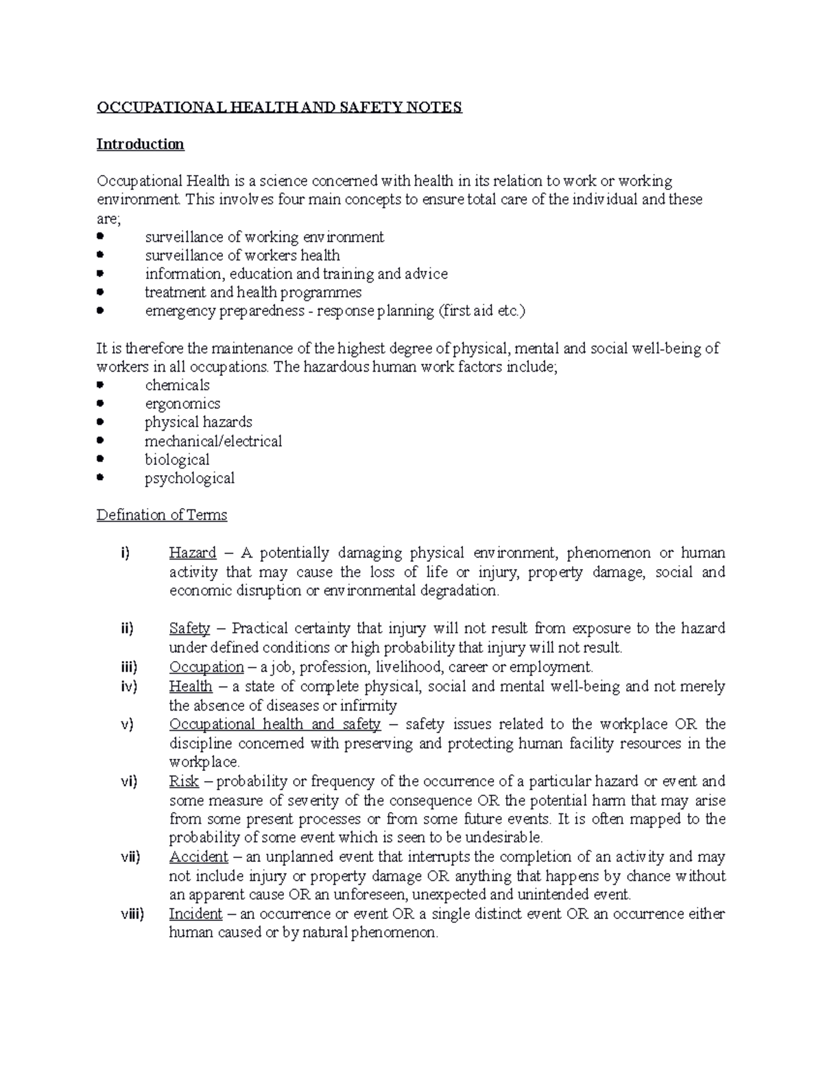 Occupational Health AND Safety Notes - OCCUPATIONAL HEALTH AND SAFETY ...