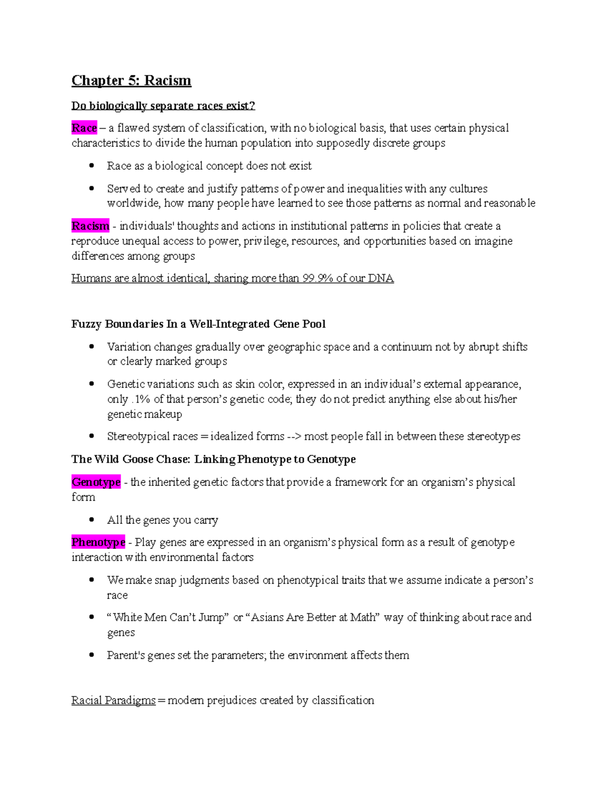 Chapter 5 Notes - Chapter 5: Racism Do biologically separate races ...