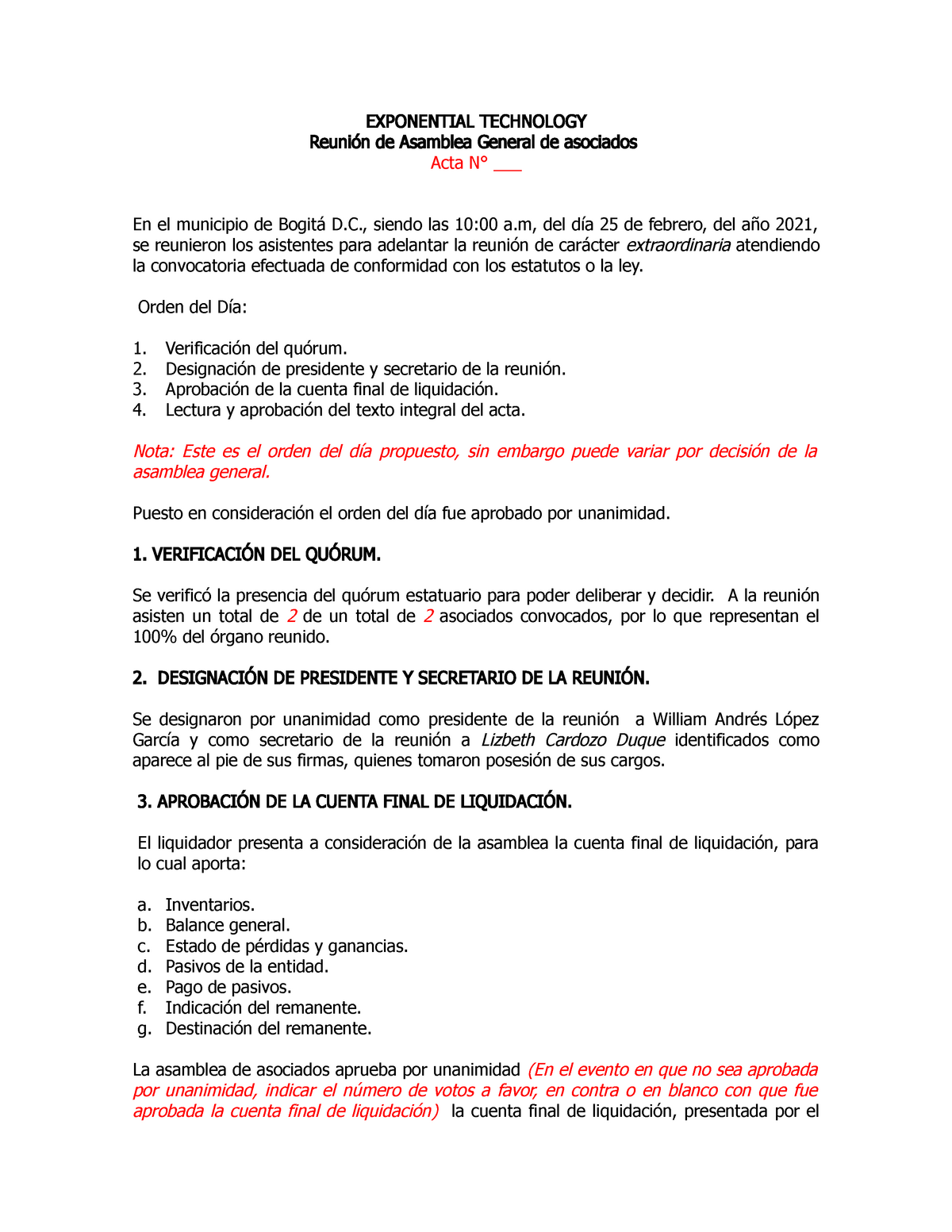 ACTA Liquidacion Fundacion - EXPONENTIAL TECHNOLOGY Reunión de Asamblea  General de asociados Acta N° - Studocu