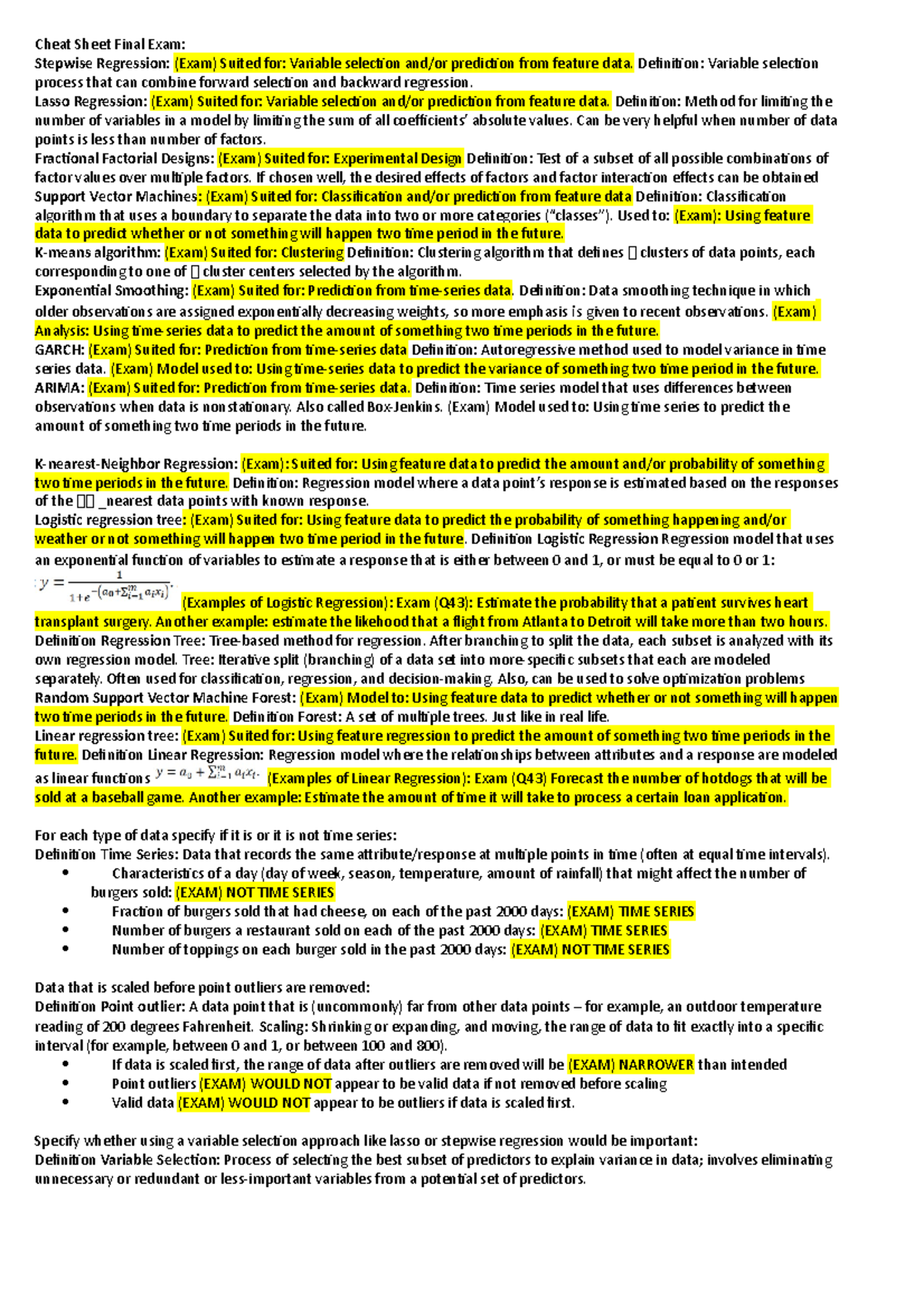 Final Exam Cheat Sheet - Cheat Sheet Final Exam: Stepwise Regression ...