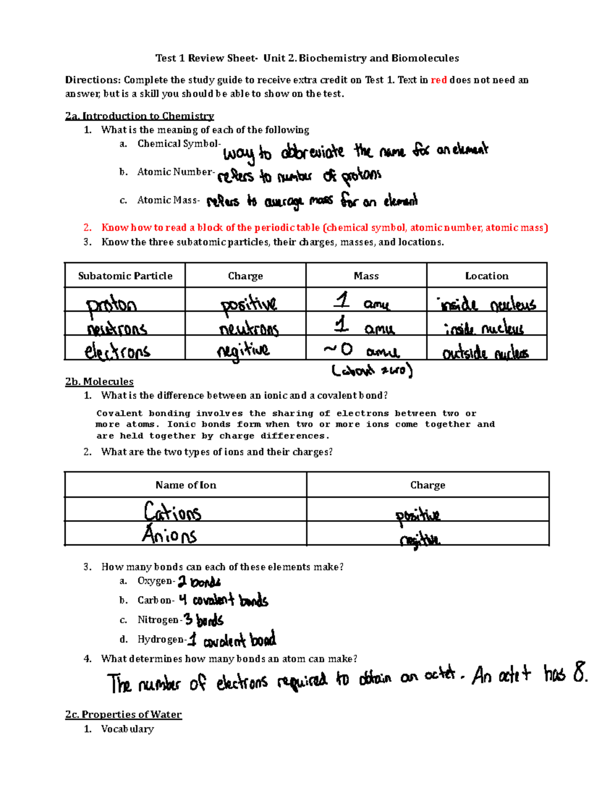 Study Guide Unit 2 Balls Test 1 Review Sheet Unit 2. Biochemistry