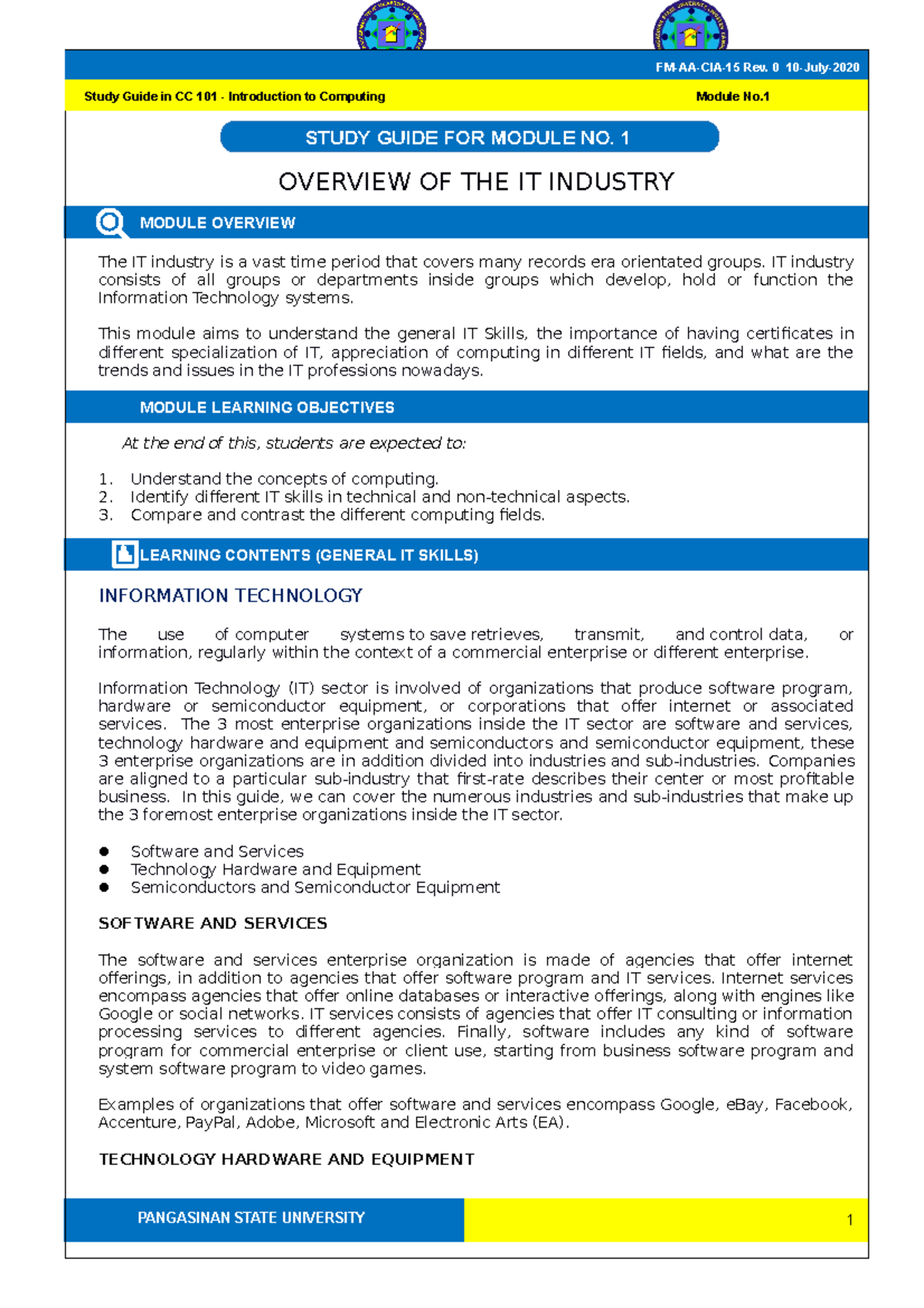 CC 101 - SG1 - Introduction to computing - PANGASINAN STATE UNIVERSITY ...