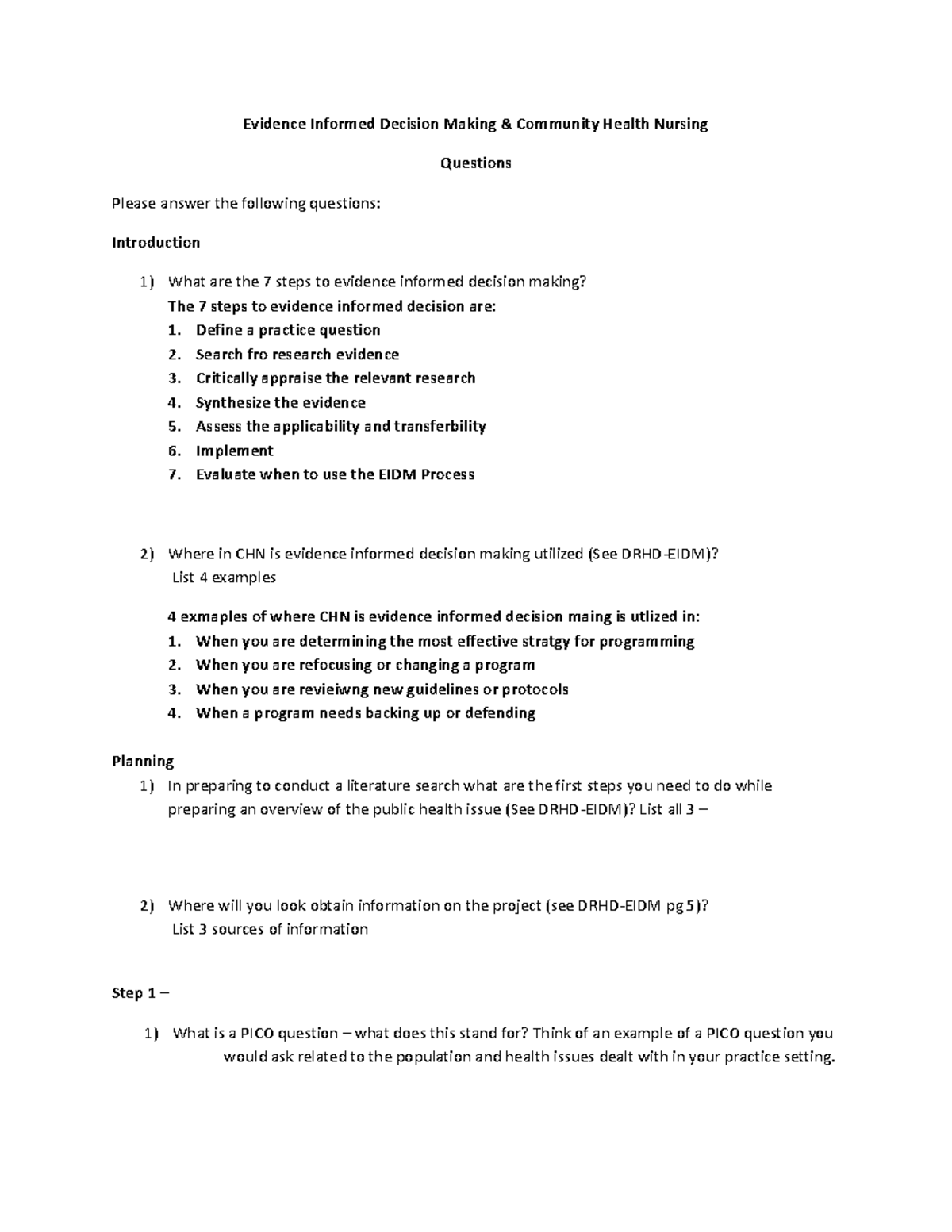 EIDM Questions - Evidence Informed Decision Making & Community Health ...
