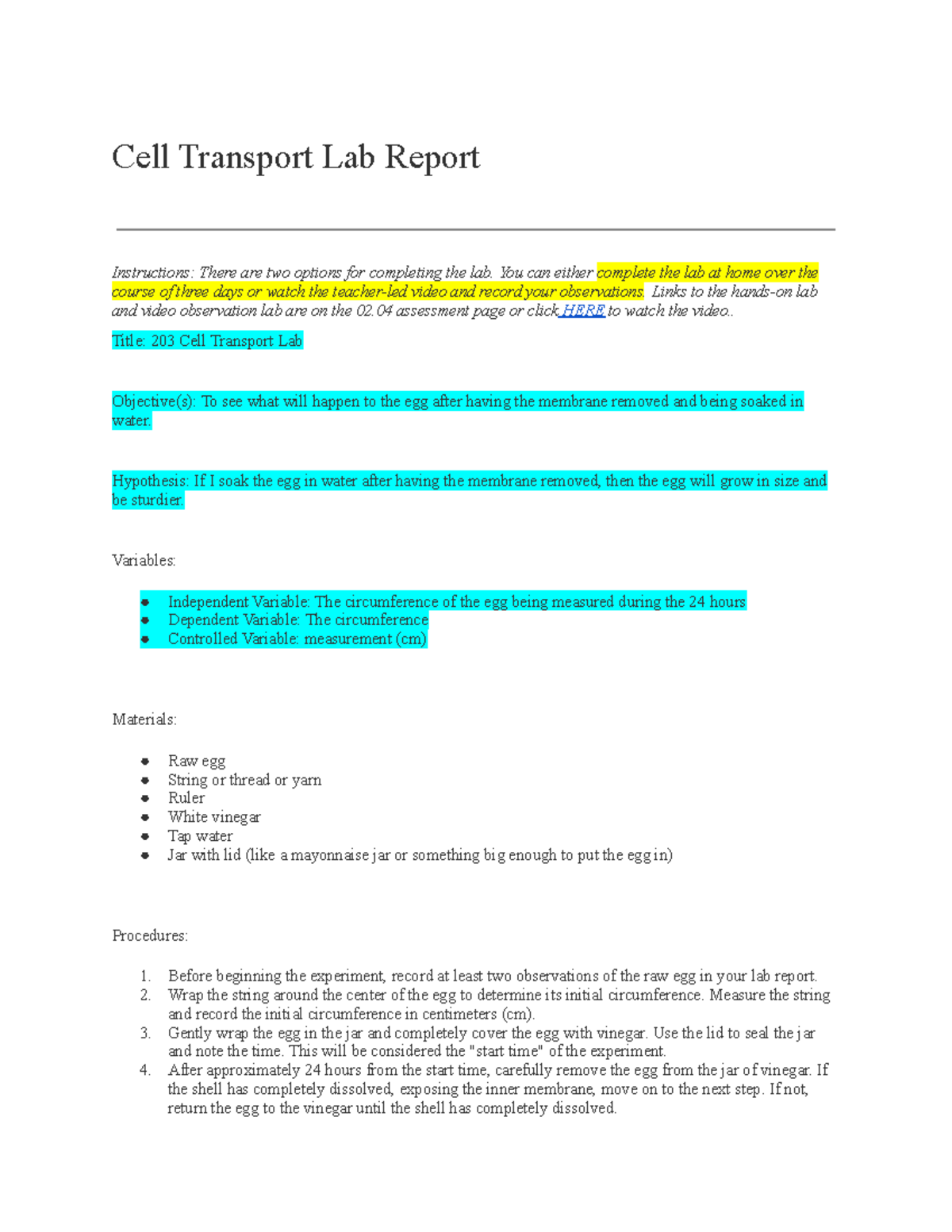 Copy of 2 04 Lab Report Templatev23 Cell Transport Lab Report