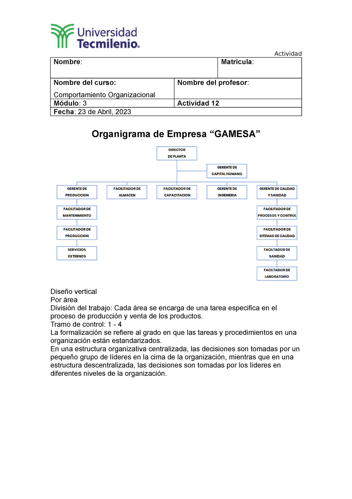 Actividad 12 Comportamiento Organizacional Nombre Matrícula