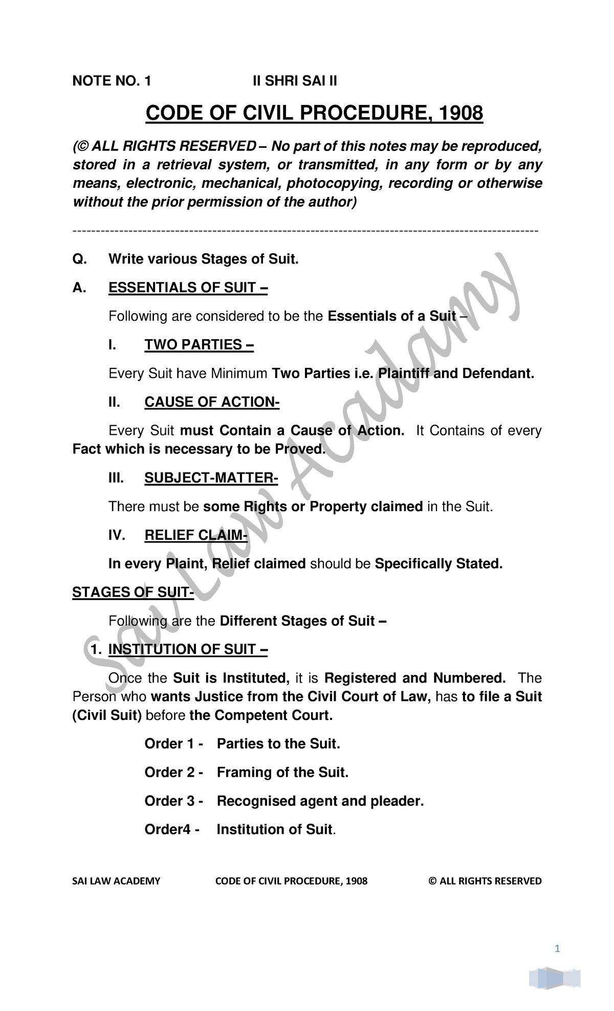 Civil Procedure Code 1 Cpc Notes Sai Law Academy Code Of Civil Procedure 1908 © All Rights 