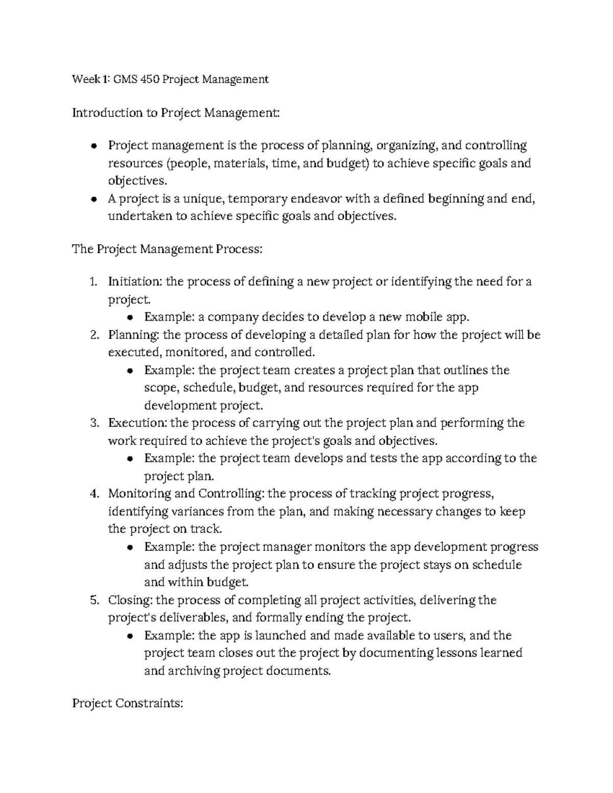 Week 1 GMS 450 Project Management - Week 1 GMS 450 Project Management ...